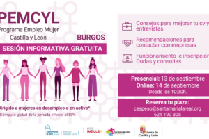PEMCYL” convoca sesiones informativas del 13 al 16  de septiembre para mujeres de la provincia de Burgos  que quieran mejorar su búsqueda de empleo